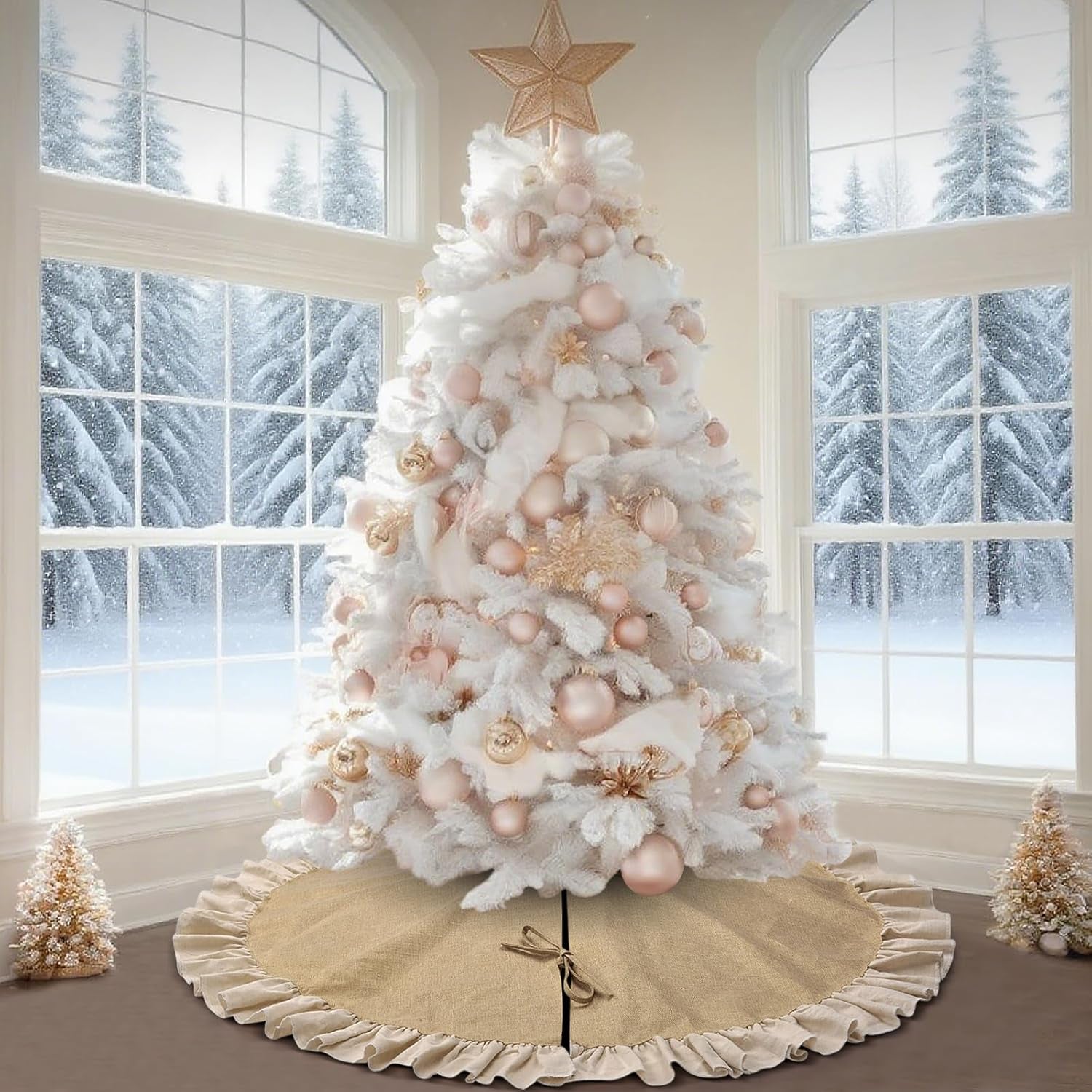 Falda de árbol de Navidad de otoño de arpillera de 48" con borde de volantes.