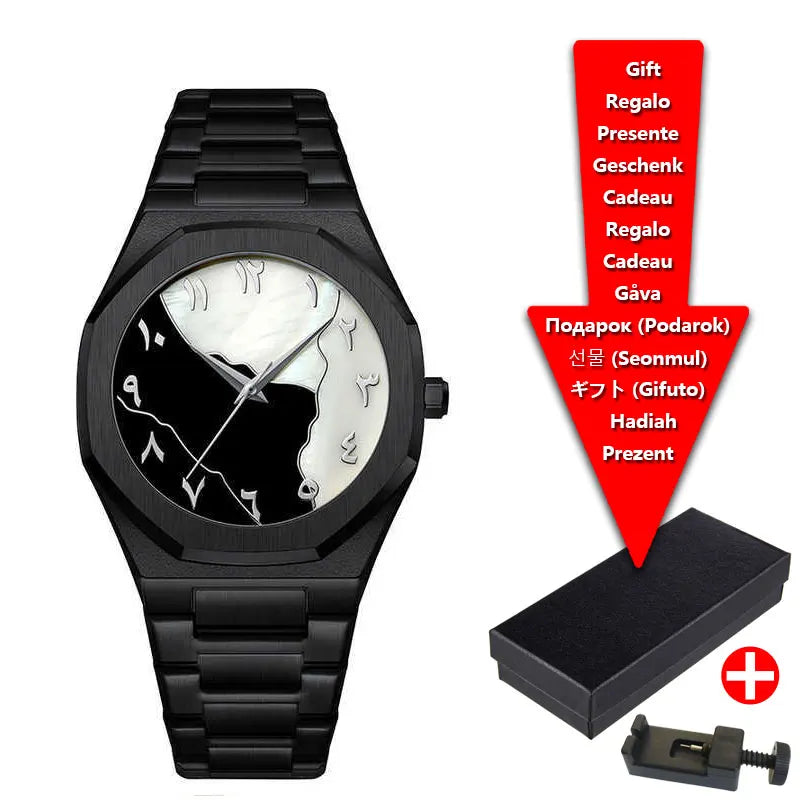 Relojes de hombre de cuarzo con esfera digital árabe de Oriente Medio azul con tira de acero de marca de lujo con caja de regalo