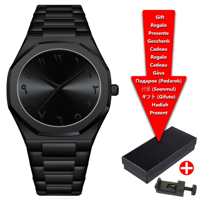 Relojes de hombre de cuarzo con esfera digital árabe de Oriente Medio azul con tira de acero de marca de lujo con caja de regalo