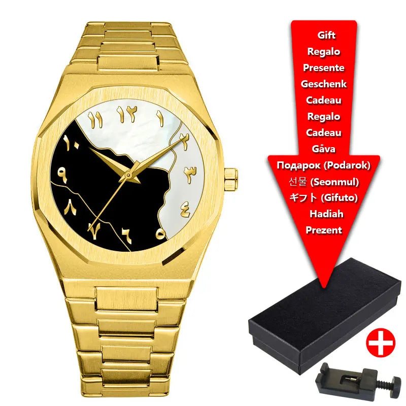 Relojes de hombre de cuarzo con esfera digital árabe de Oriente Medio azul con tira de acero de marca de lujo con caja de regalo