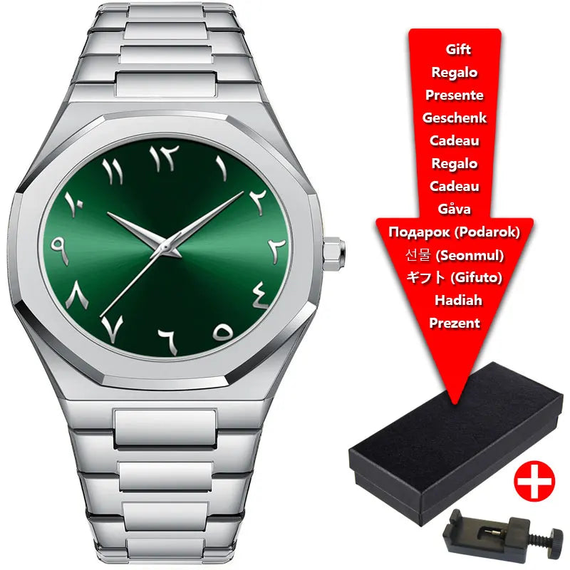 Relojes de hombre de cuarzo con esfera digital árabe de Oriente Medio azul con tira de acero de marca de lujo con caja de regalo