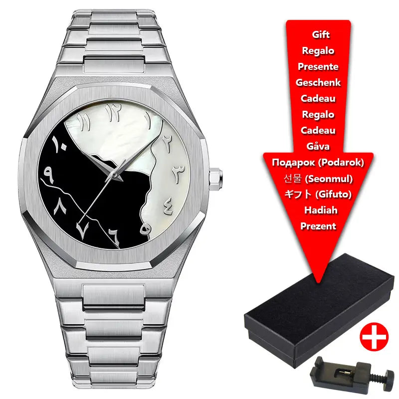 Relojes de hombre de cuarzo con esfera digital árabe de Oriente Medio azul con tira de acero de marca de lujo con caja de regalo