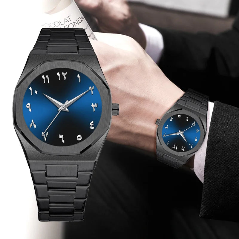 Relojes de hombre de cuarzo con esfera digital árabe de Oriente Medio azul con tira de acero de marca de lujo con caja de regalo