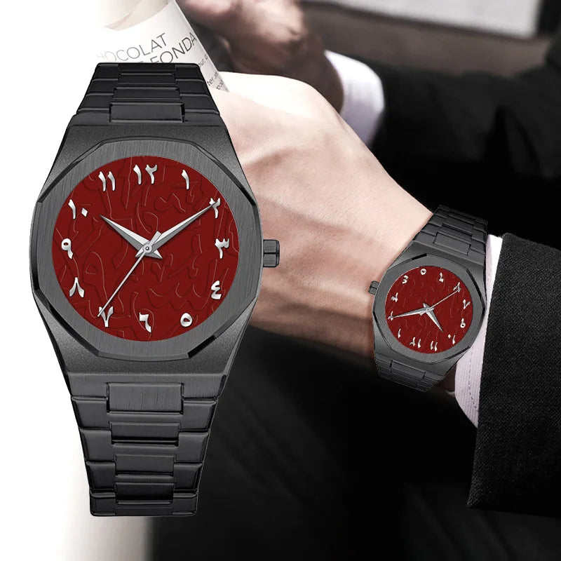 Relojes de hombre de cuarzo con esfera digital árabe de Oriente Medio azul con tira de acero de marca de lujo con caja de regalo