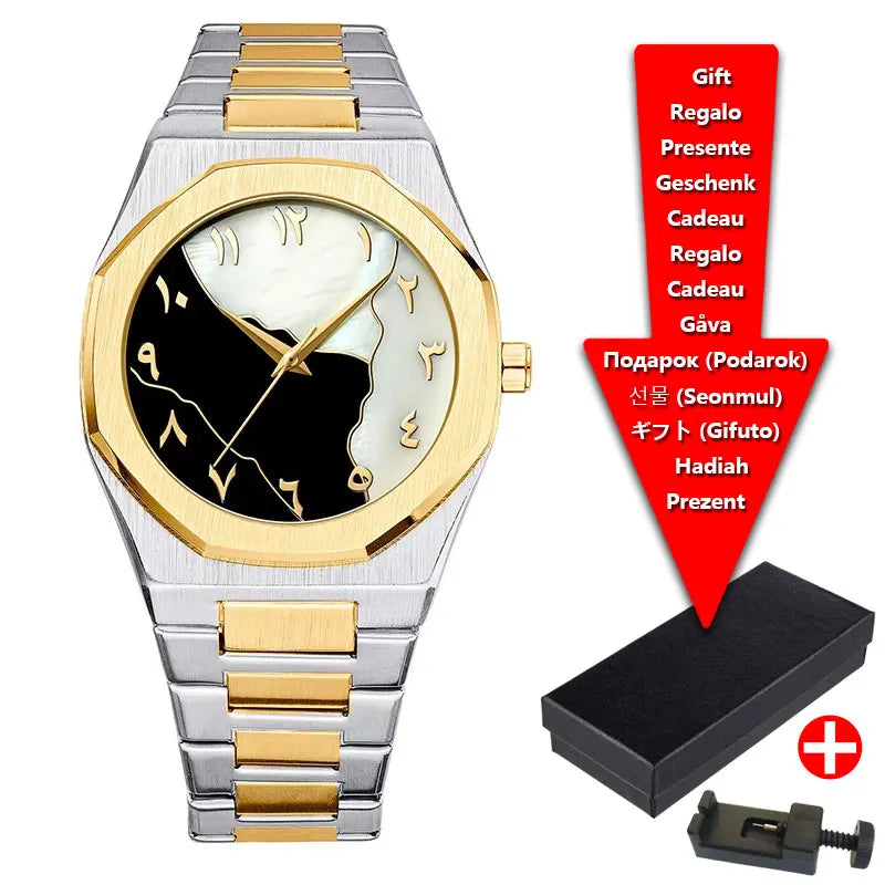 Relojes de hombre de cuarzo con esfera digital árabe de Oriente Medio azul con tira de acero de marca de lujo con caja de regalo