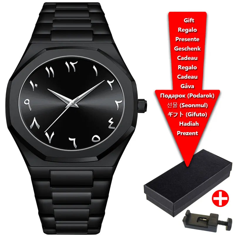 Relojes de hombre de cuarzo con esfera digital árabe de Oriente Medio azul con tira de acero de marca de lujo con caja de regalo