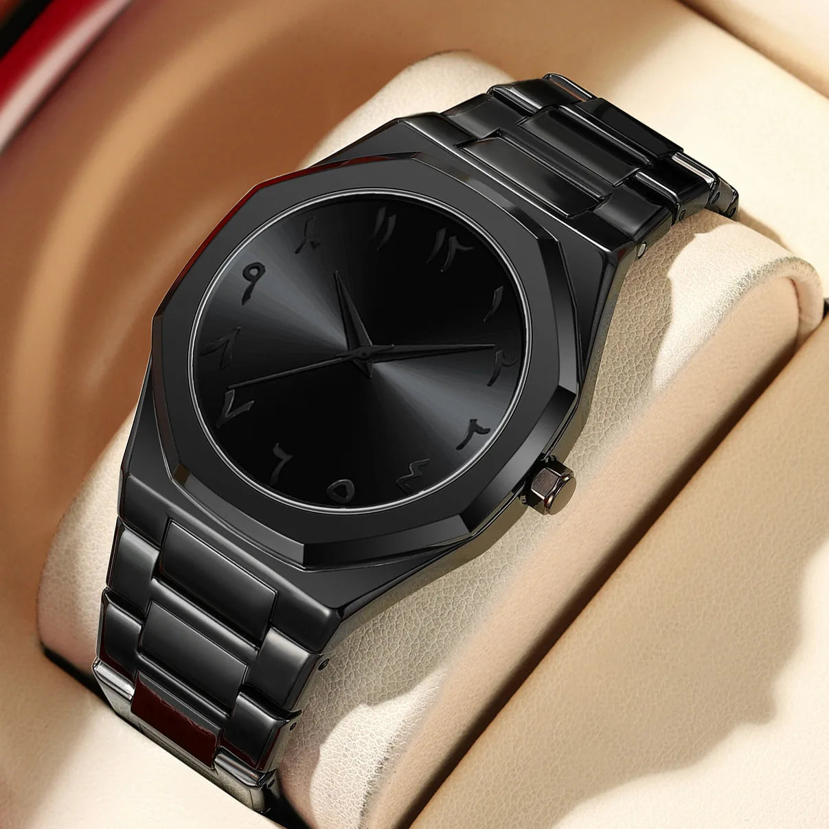 Relojes de hombre de cuarzo con esfera digital árabe de Oriente Medio azul con tira de acero de marca de lujo con caja de regalo