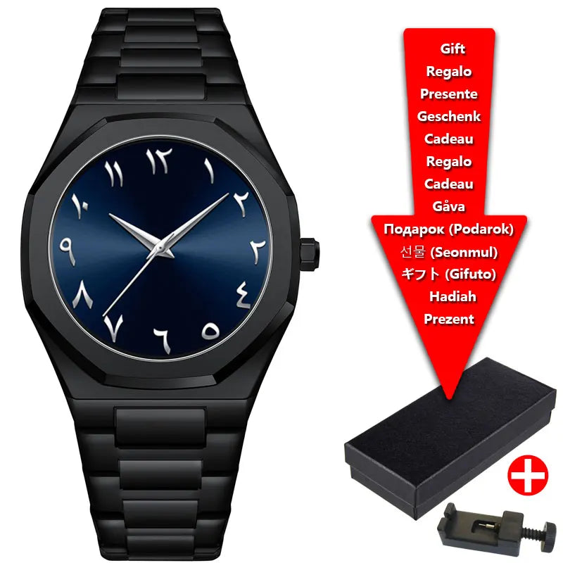 Relojes de hombre de cuarzo con esfera digital árabe de Oriente Medio azul con tira de acero de marca de lujo con caja de regalo
