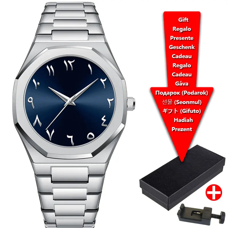 Relojes de hombre de cuarzo con esfera digital árabe de Oriente Medio azul con tira de acero de marca de lujo con caja de regalo