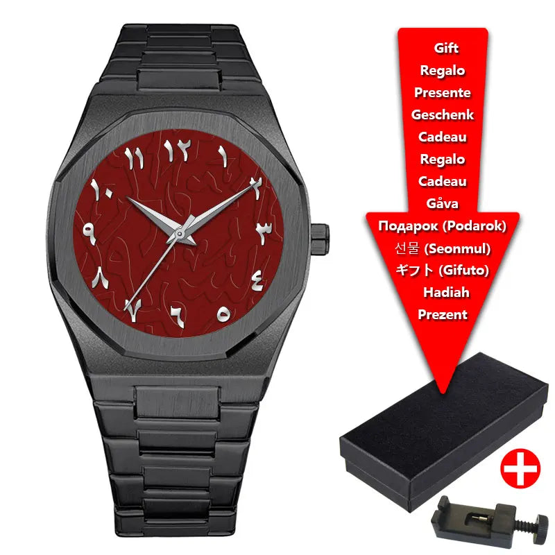 Relojes de hombre de cuarzo con esfera digital árabe de Oriente Medio azul con tira de acero de marca de lujo con caja de regalo