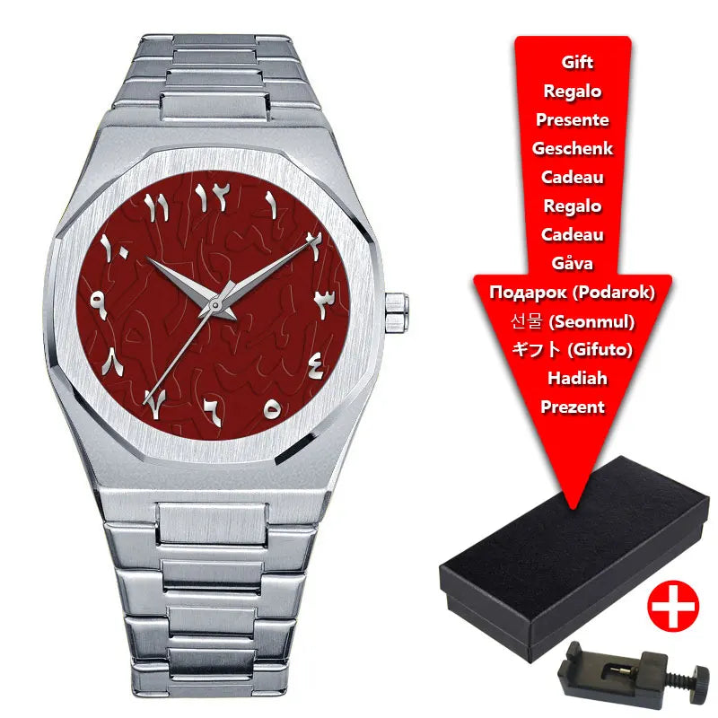 Relojes de hombre de cuarzo con esfera digital árabe de Oriente Medio azul con tira de acero de marca de lujo con caja de regalo