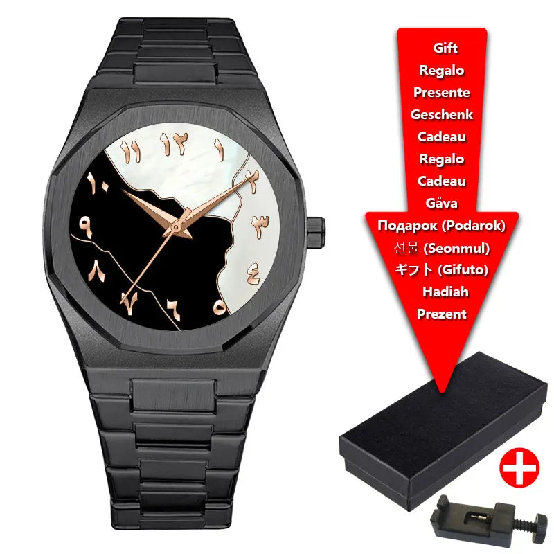 Relojes de hombre de cuarzo con esfera digital árabe de Oriente Medio azul con tira de acero de marca de lujo con caja de regalo