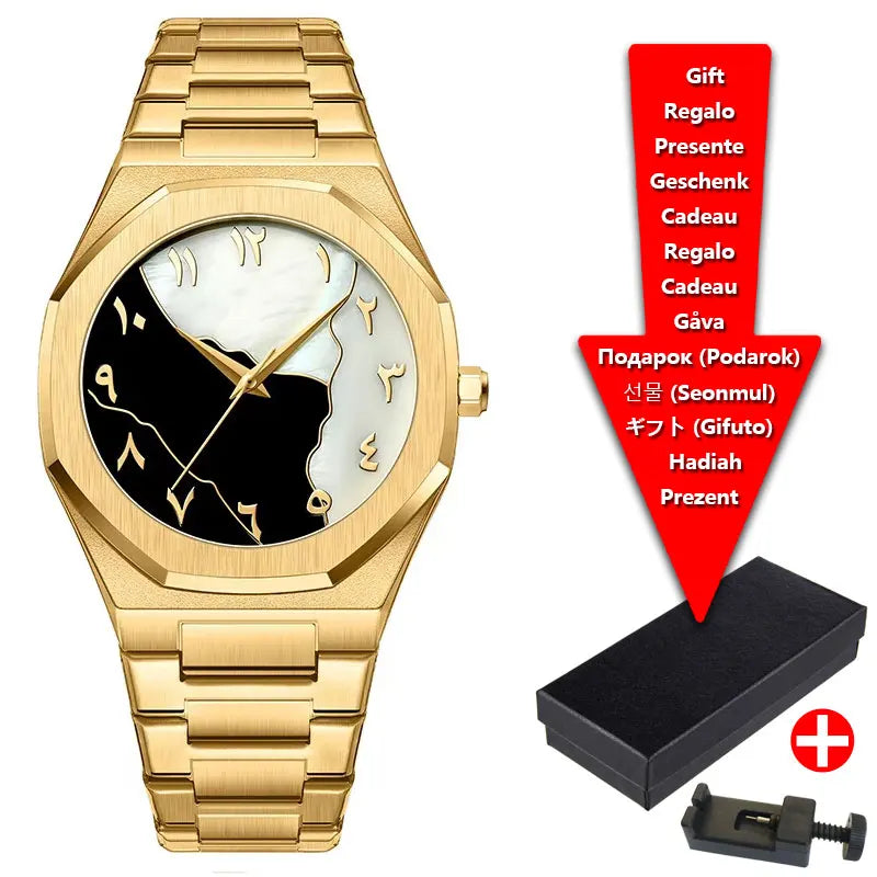 Relojes de hombre de cuarzo con esfera digital árabe de Oriente Medio azul con tira de acero de marca de lujo con caja de regalo