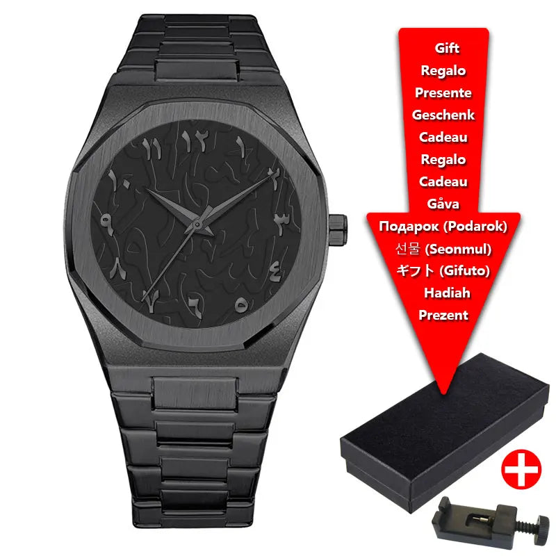 Relojes de hombre de cuarzo con esfera digital árabe de Oriente Medio azul con tira de acero de marca de lujo con caja de regalo