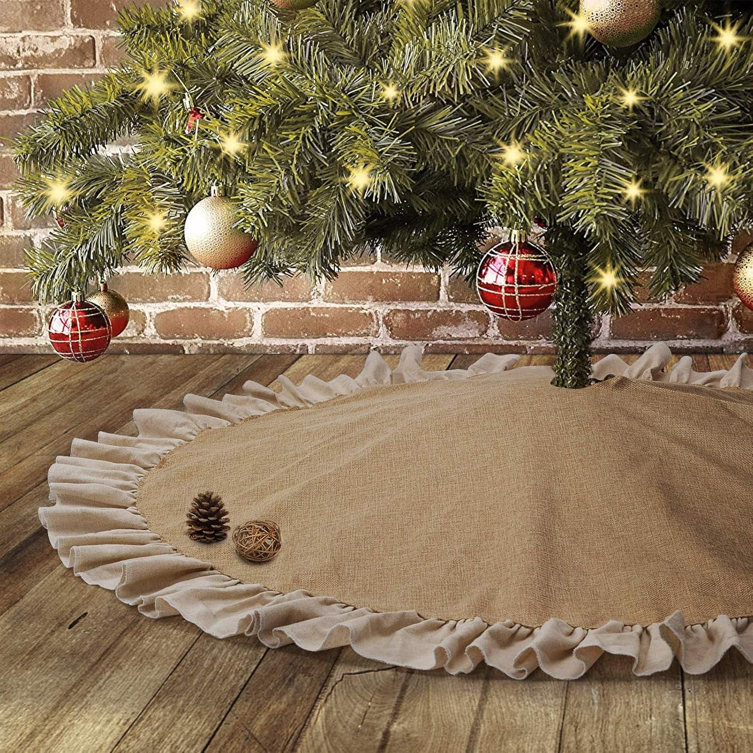 Falda de árbol de Navidad de otoño de arpillera de 48" con borde de volantes.