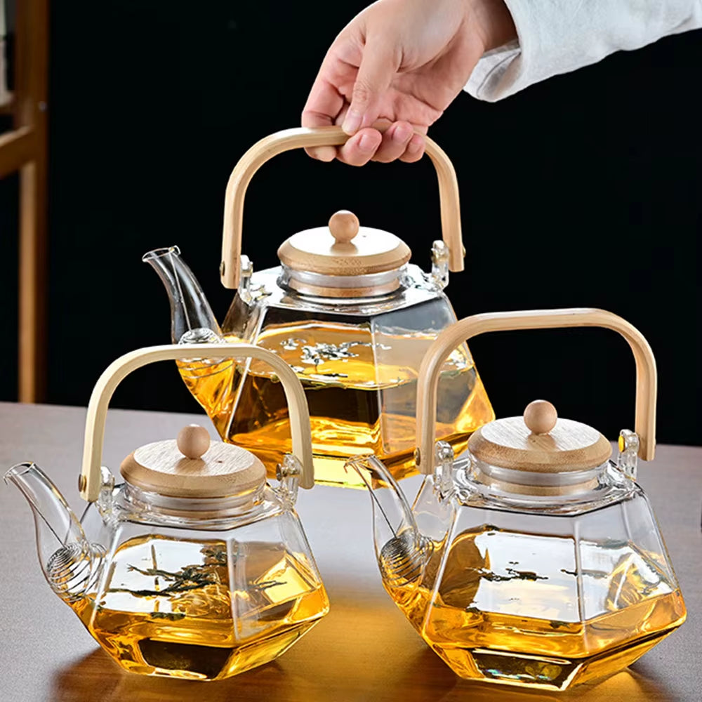 Tetera de vidrio resistente al calor con forma de diamante, con infusor extraíble.