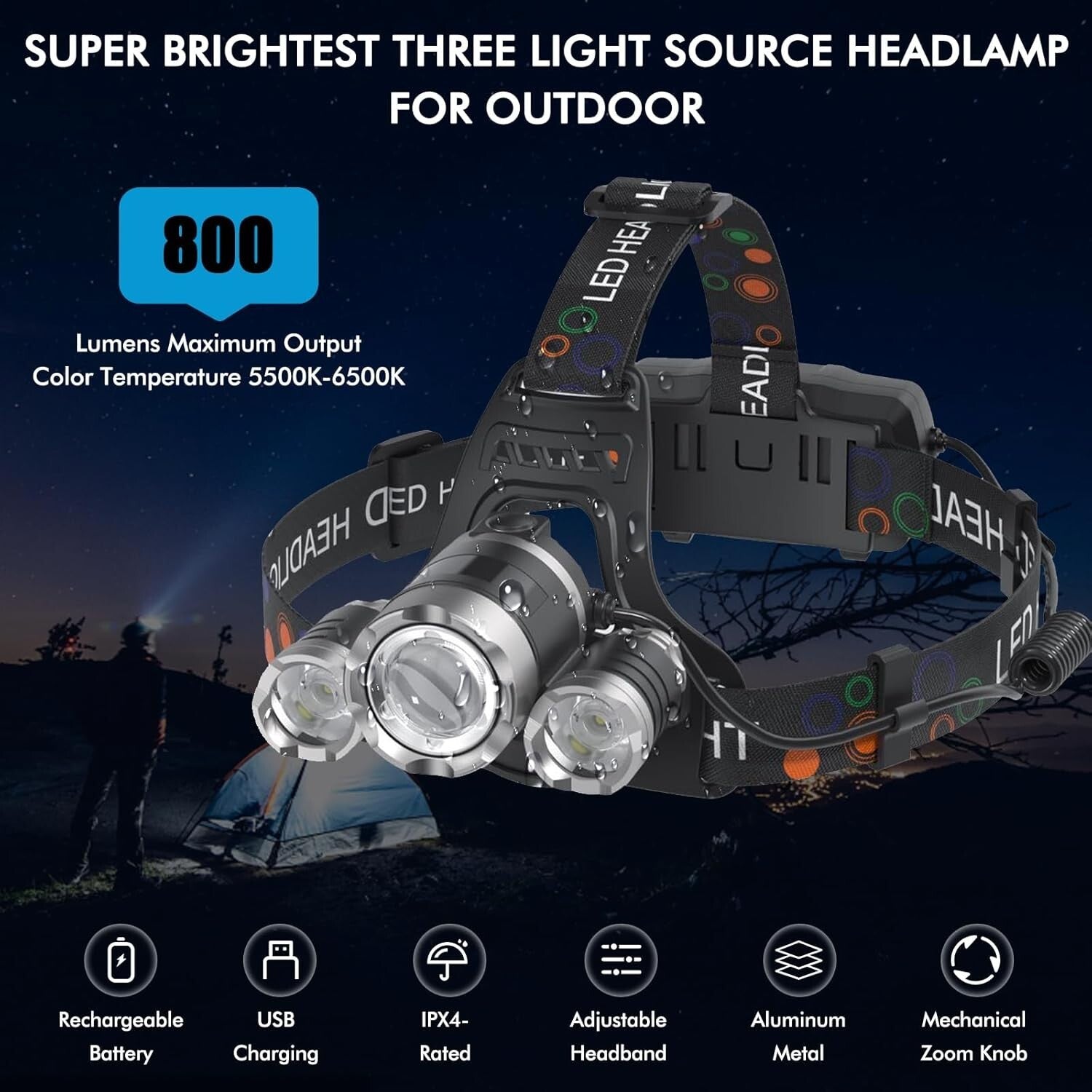 LED Lampara De Cabeza Recargable Luz De La Cabeza Linterna Para Pescar o Camping.